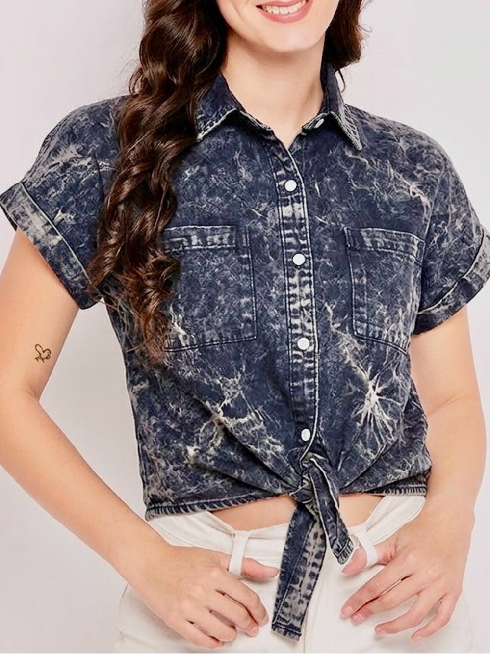 SIM & SAM| Tie-Front Dark Acid Wash Denim Cotton Button-Down Shirt Sz XS